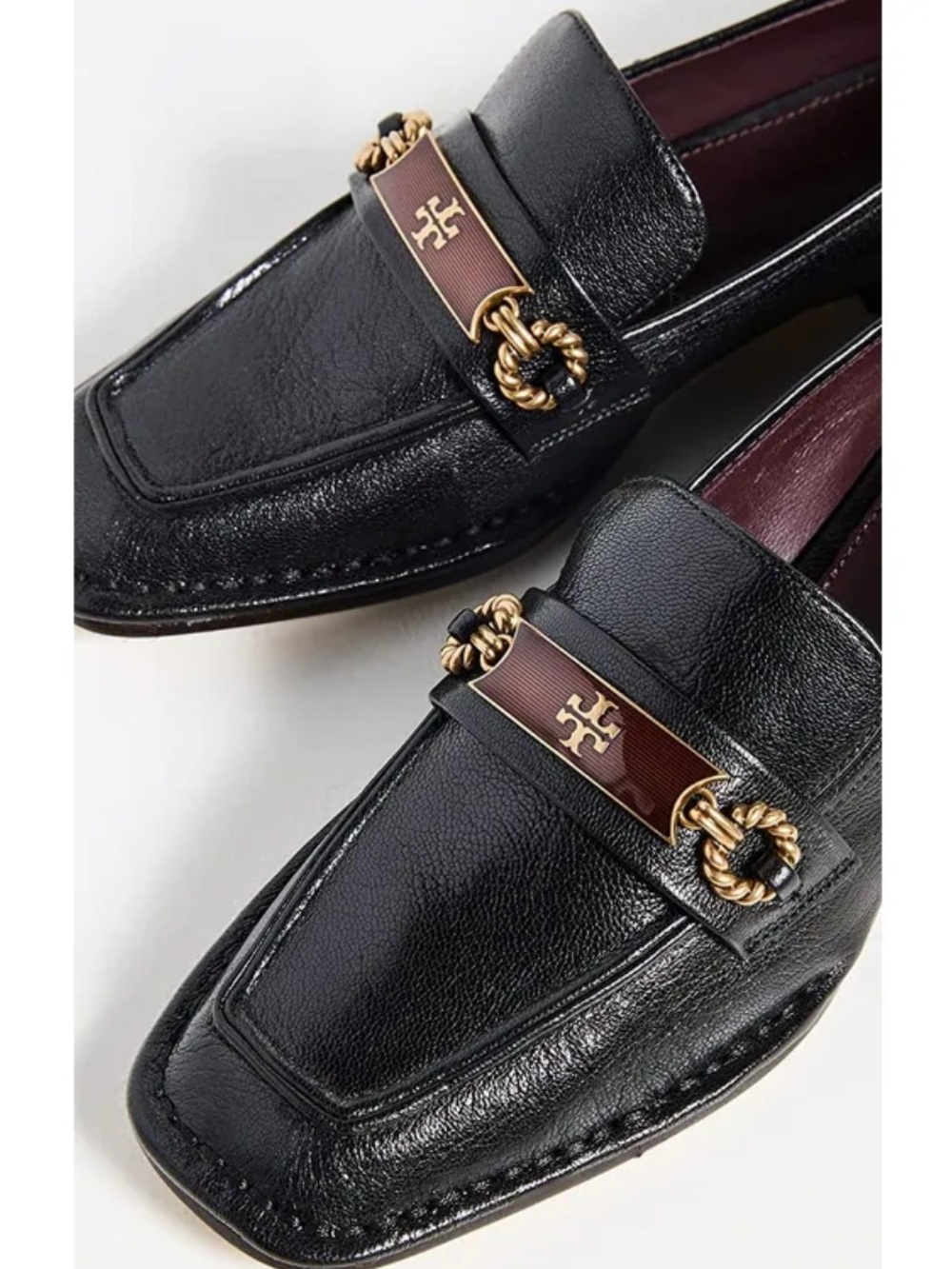 Tory Burch Perrine Black Leather Loafers with Gold Chain and Brown Enamel Accent